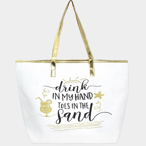 Violet507 Handbags - White and Gold Top Zip Beach Tote